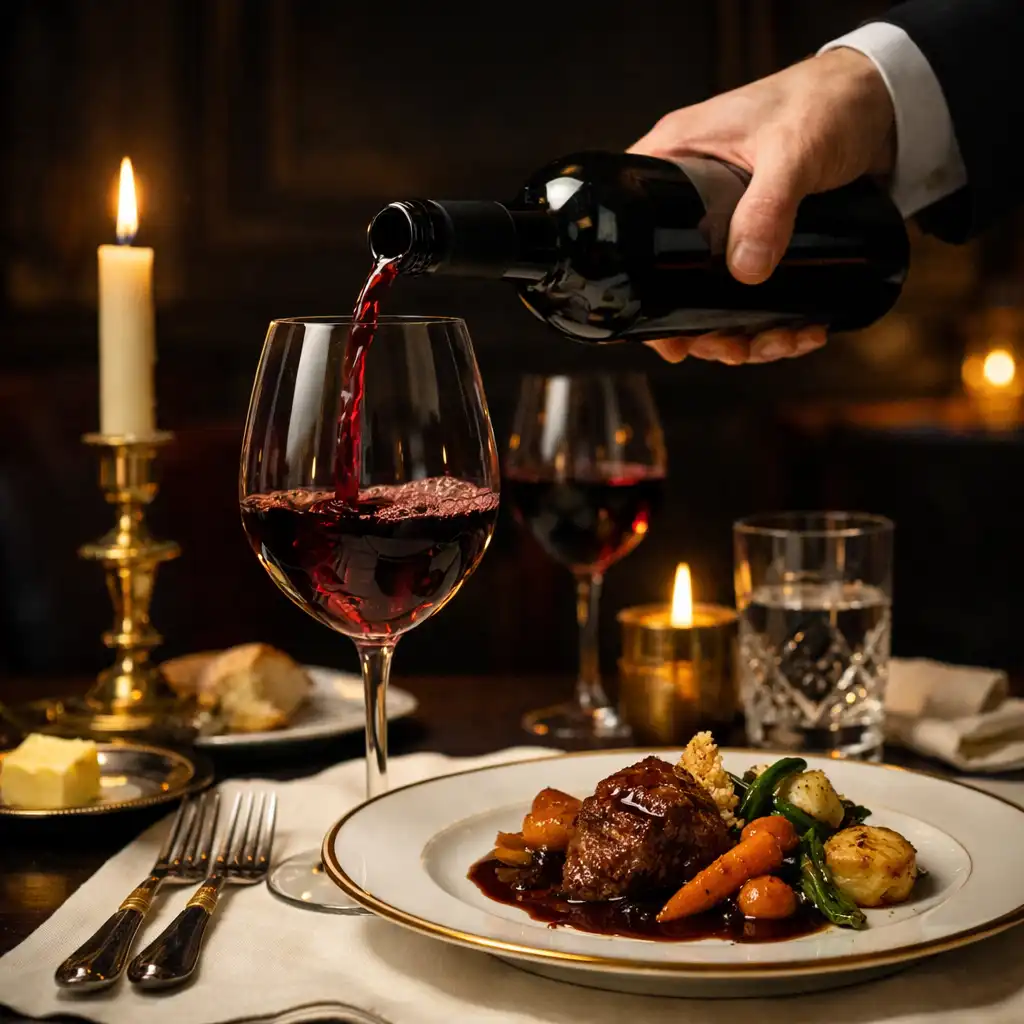 Main versant du vin dans un verre en cristal près d’une assiette française raffinée
