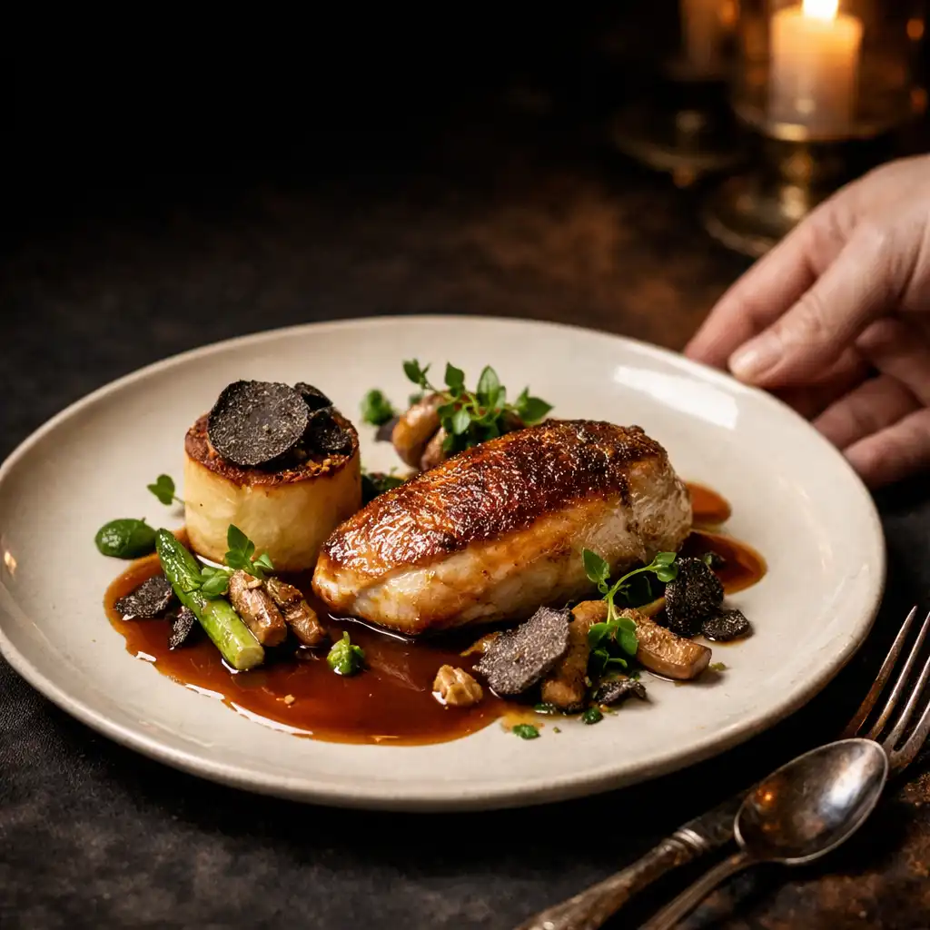 Assiette de haute cuisine française éclairée à la bougie