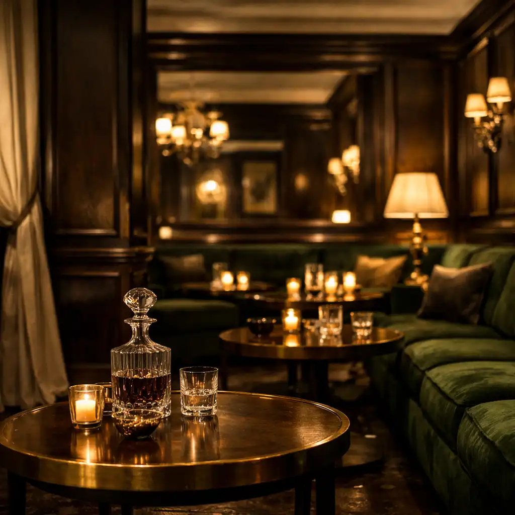 Lounge privé aux banquettes de velours vert et éclairage chaleureux