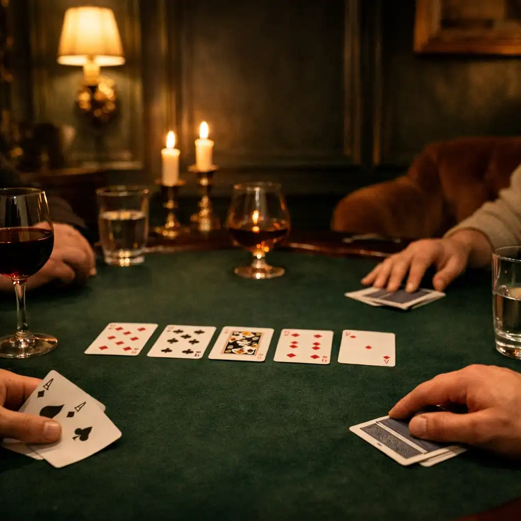 Table de poker sociale dans un salon privé, sans argent ni jetons de casino