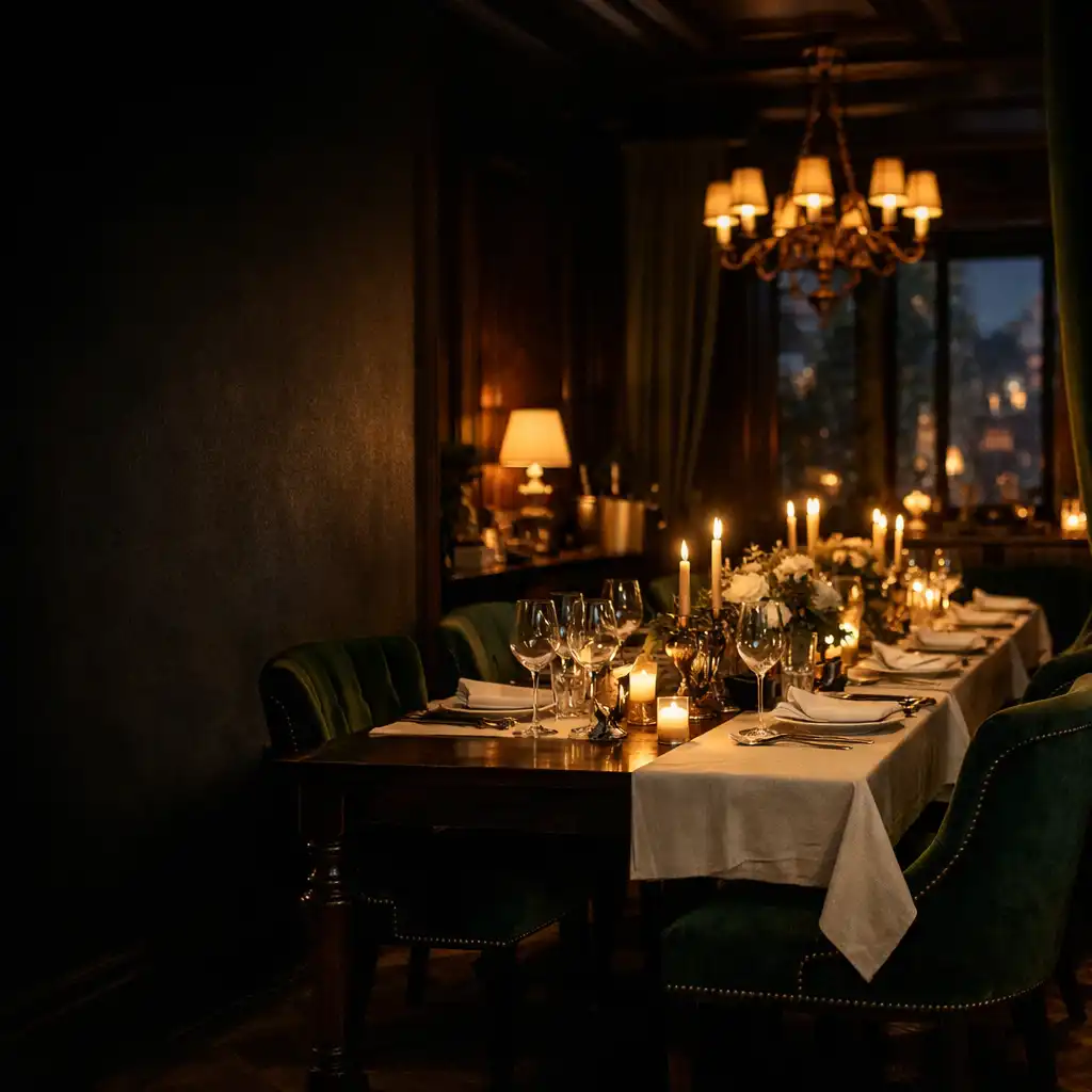 Salon gastronomique privé avec table dressée, verrerie et lumière de bougies