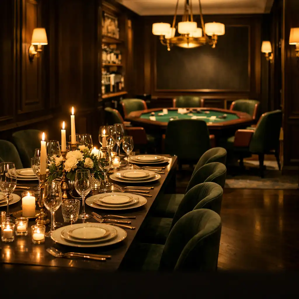 Espace privé parisien préparé pour un dîner avec une table de jeu élégante en arrière-plan