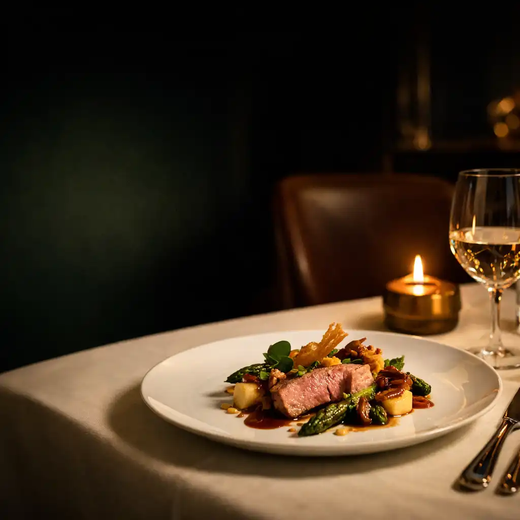 Table gastronomique parisienne éclairée à la bougie avec assiette dressée et verre en cristal