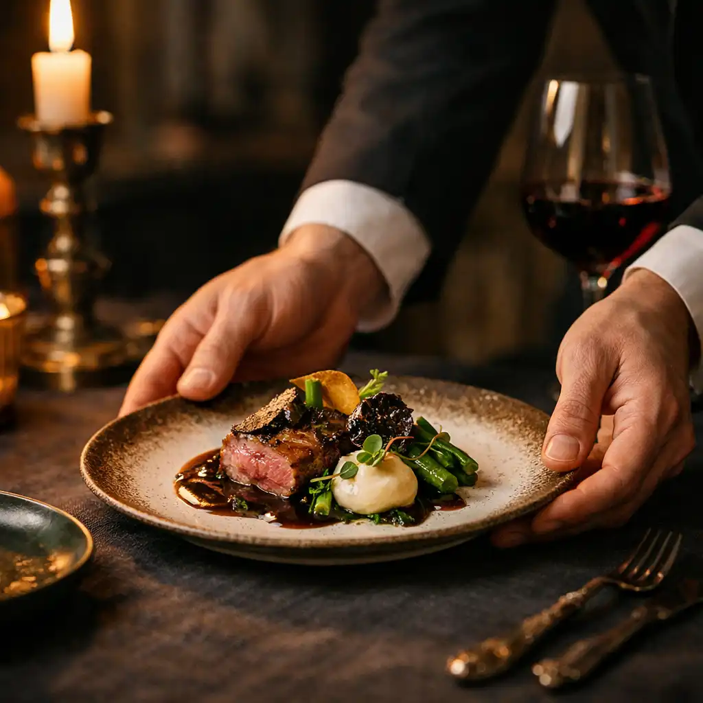 Service d’une assiette gastronomique sur une table en lin avec un verre de vin