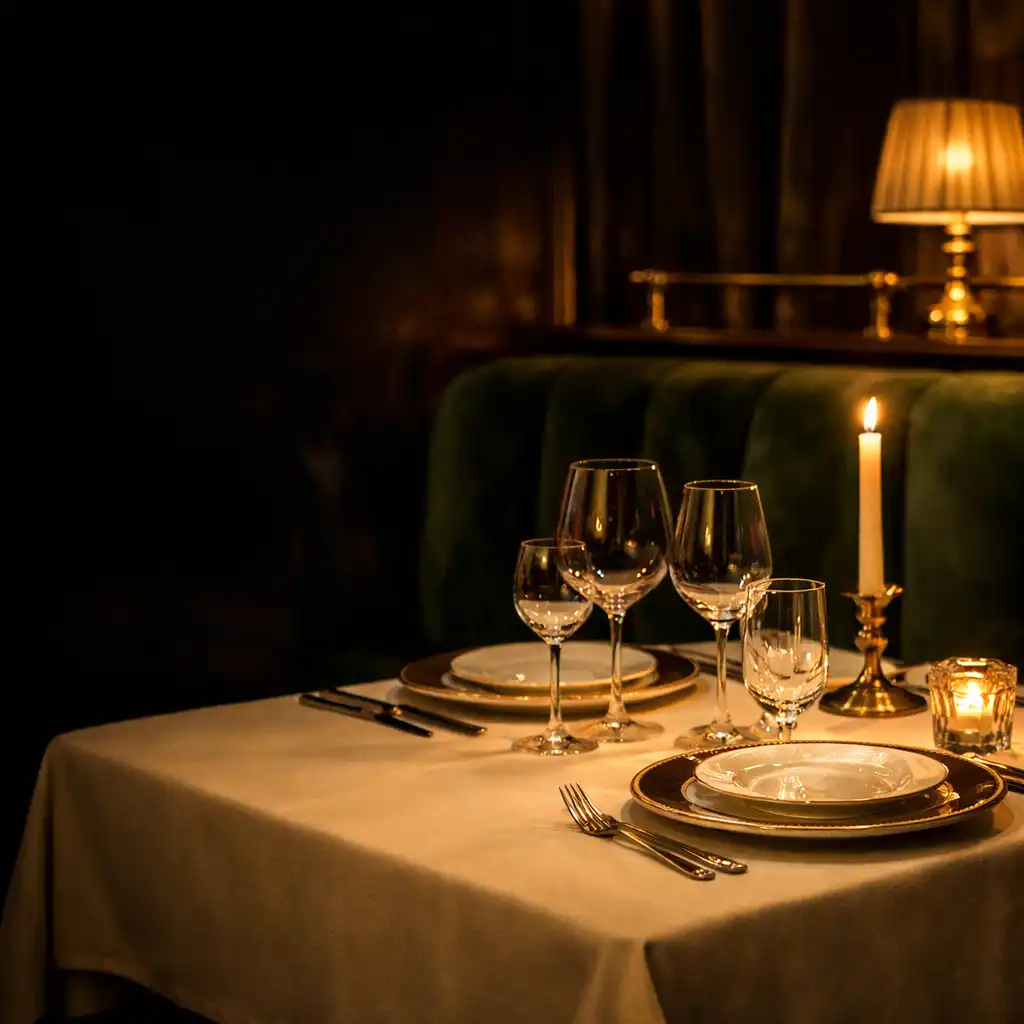 Table gastronomique dressée avec assiettes raffinées, cristal et bougies dans un salon intime