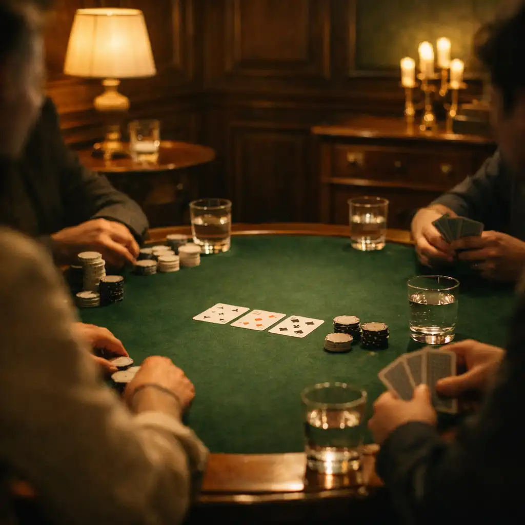 Table de poker conviviale dans un salon privé, avec cartes, mains et lumière chaude
