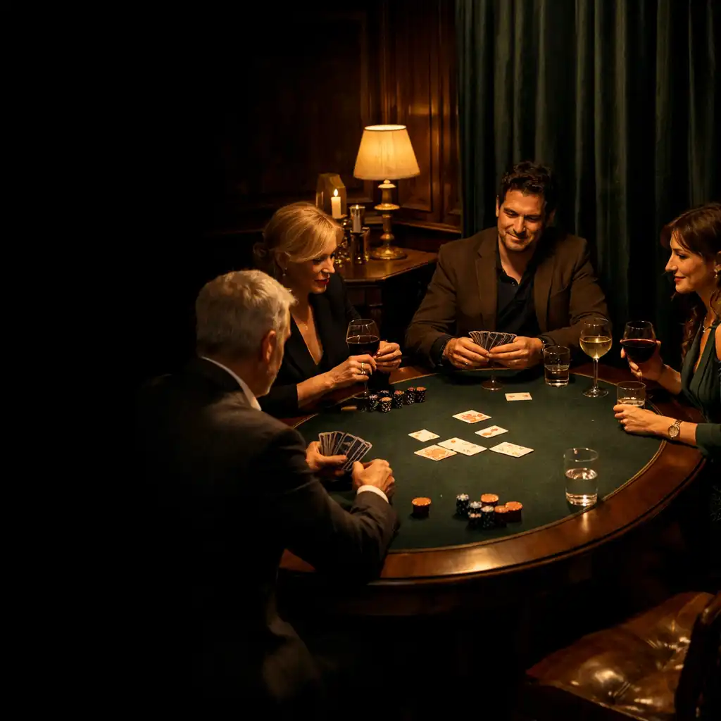 Salon privé parisien où des adultes jouent au poker autour d’une table feutrée, sans argent visible