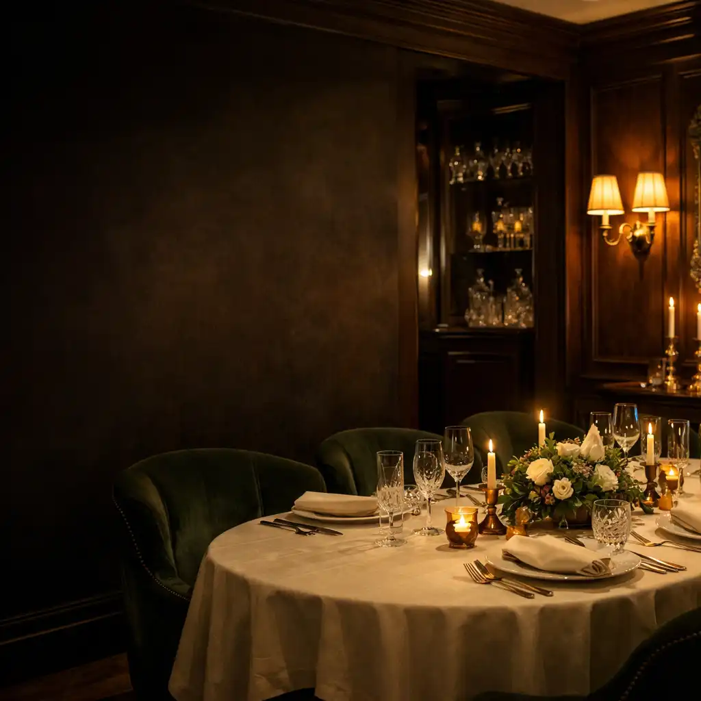 Salon privé parisien avec table dressée, fauteuils en velours vert profond et lumière chaleureuse.