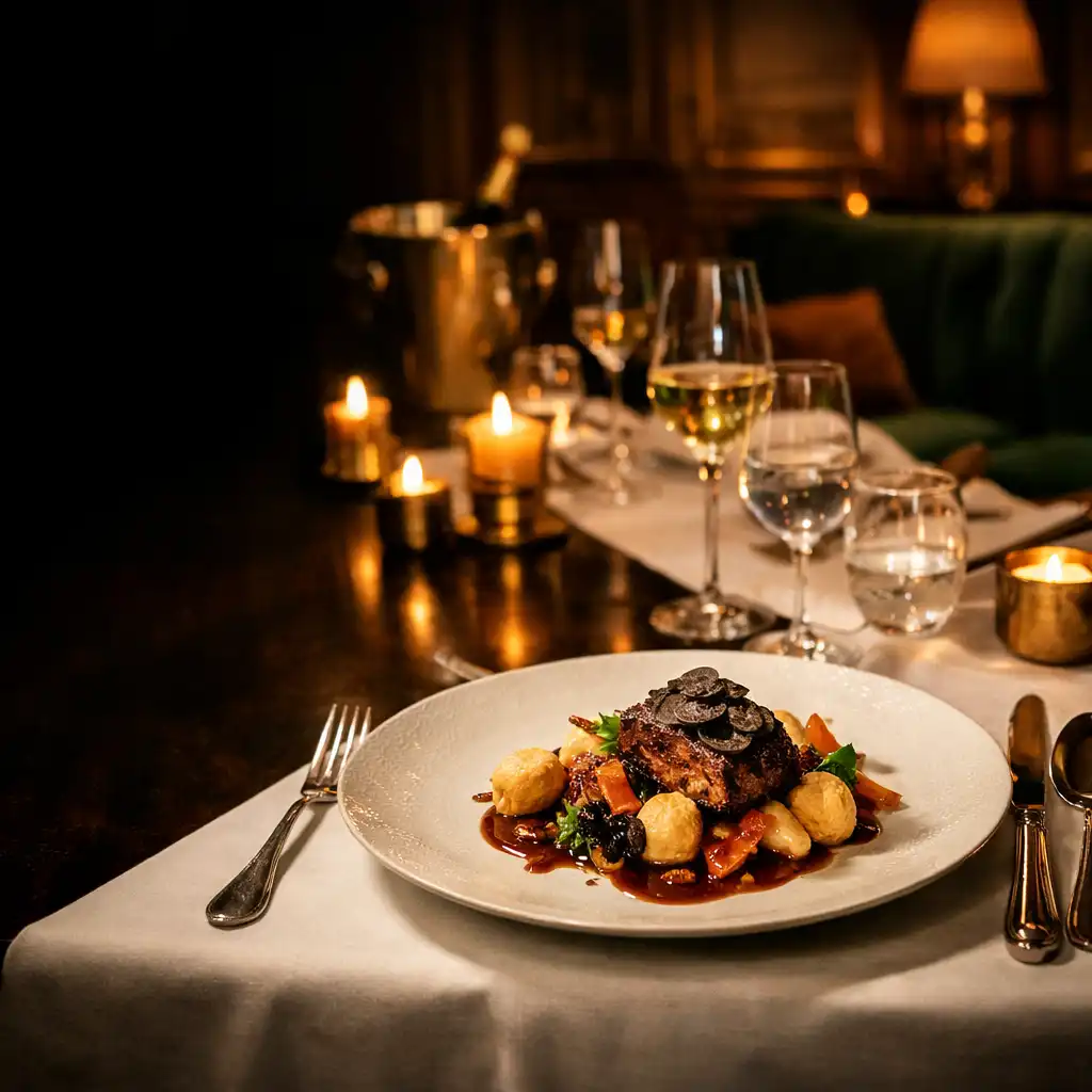 Table de dîner élégante dans un salon privé, avec assiette raffinée, cristal et lumière de bougies