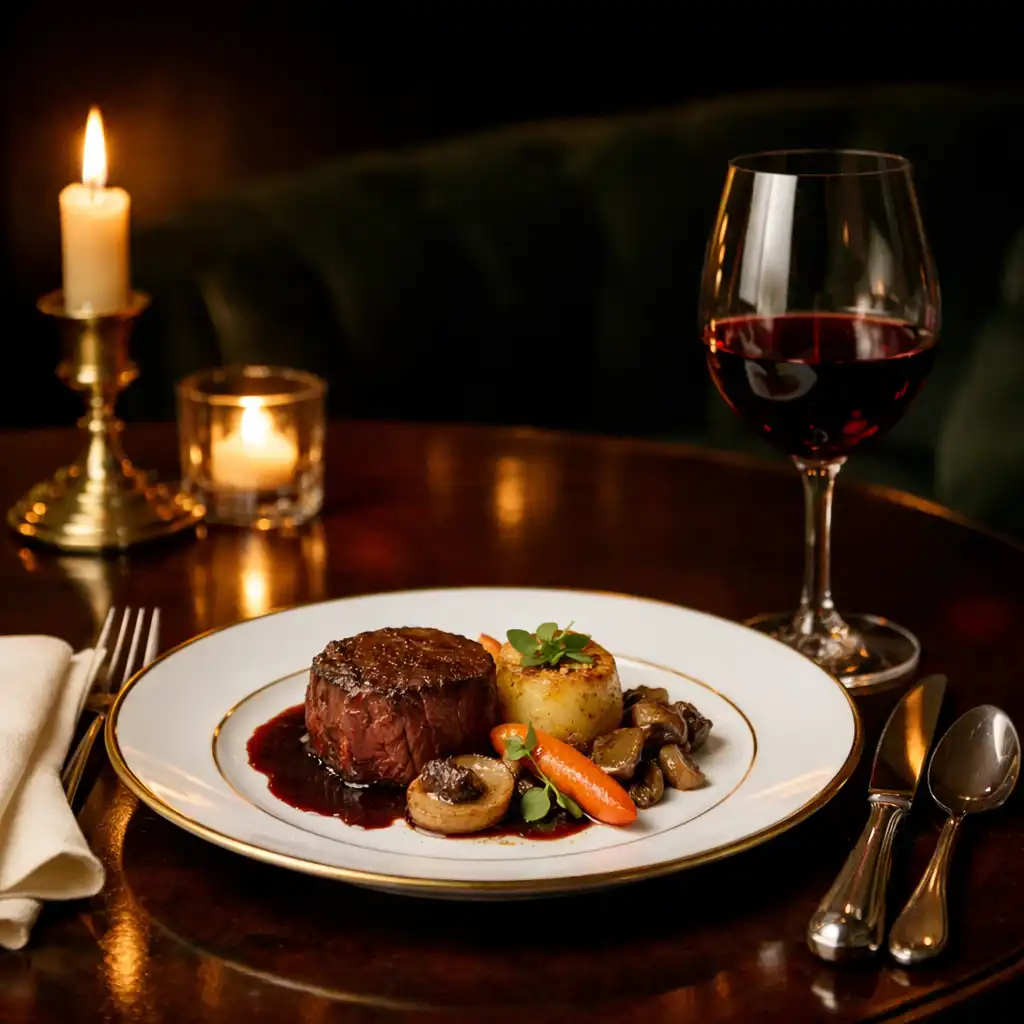 Assiette raffinée, verre de vin rouge et linge ivoire sur une table de salon VIP.