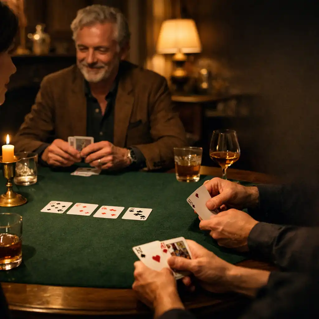 Table de poker conviviale dans un salon privé, avec cartes, mains et lumière de bougie, sans argent.
