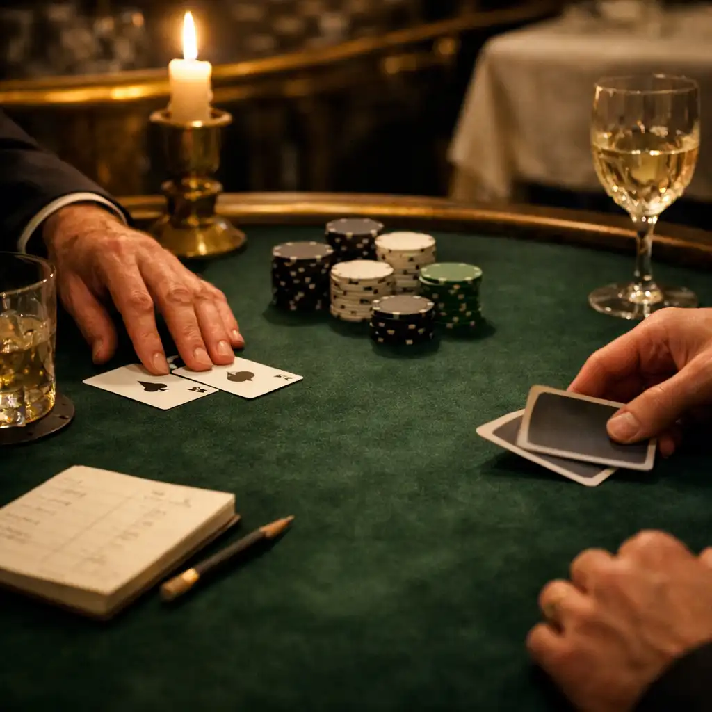 Mains de participants adultes autour d’une table de poker récréative avec cartes et verrerie